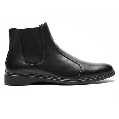 Amberjack Chelsea Obsidian black pilot boot, left side view, elastic side gore slip-on construction | Right