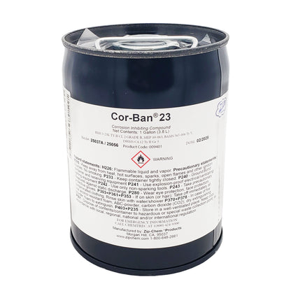 Cor-Ban 23 corrosion preventive compound in 1-gallon black metal can showing product code, industry specifications, and Zip-Chem manufacturer label.