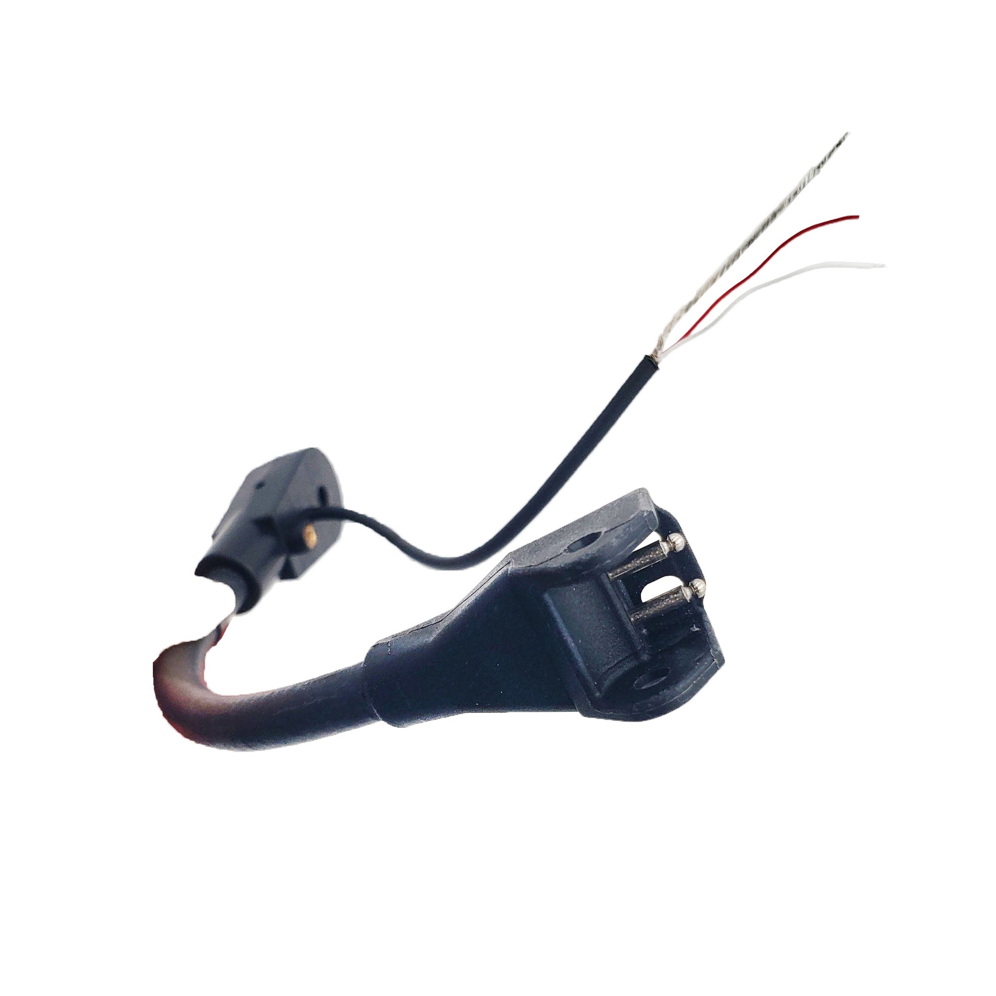Close-up of headset mic boom showing dual contact pins inside housing