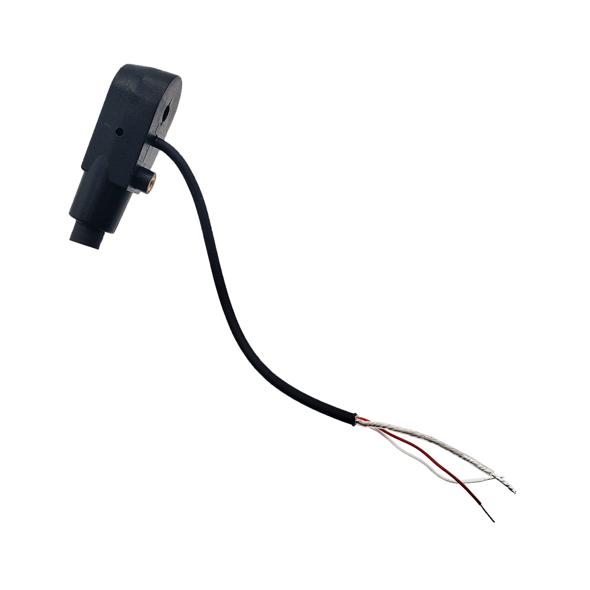 Headset microphone replacement boom with stripped red and white wire leads.