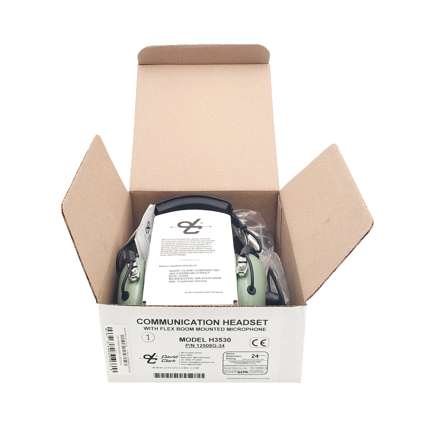 David Clark H3530 headset in box with warranty pamphlet and coiled cable