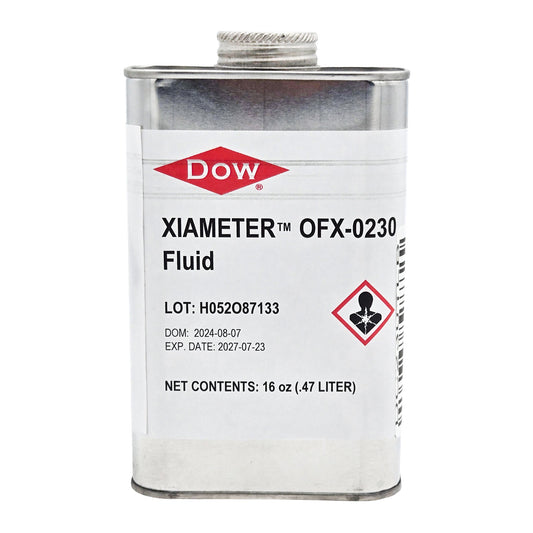XIAMETER OFX-0230 Fluid by Dow, 16 oz metal can, versatile release agent and lubricant with hazard label and expiration date, front view on white background