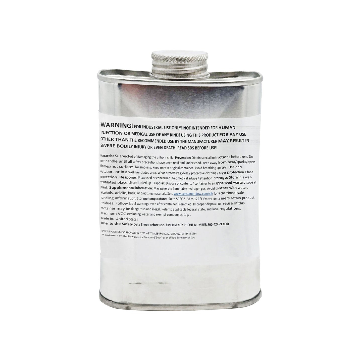 XIAMETER OFX-0230 Fluid 16 oz metal can, Dow industrial lubricant with health hazard warning, safety instructions, and storage guidelines, side label view
