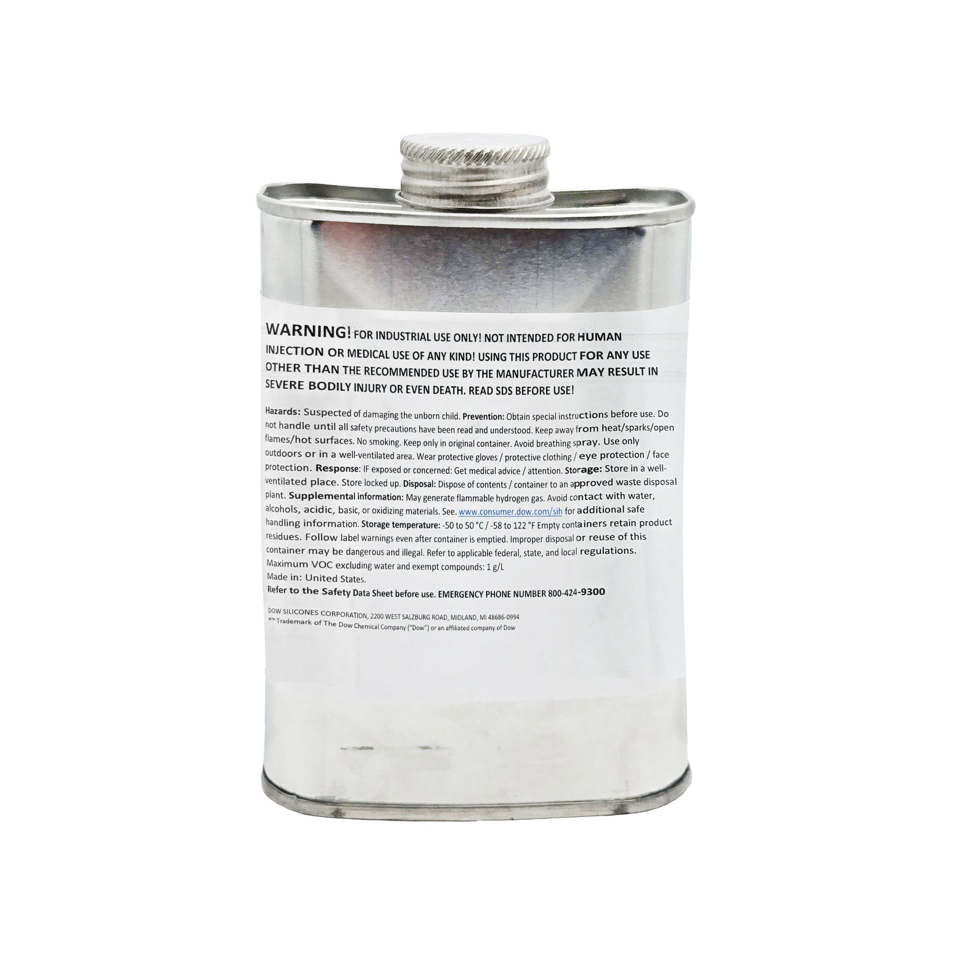 XIAMETER OFX-0230 Fluid 16 oz metal can, Dow industrial lubricant with health hazard warning, safety instructions, and storage guidelines, side label view