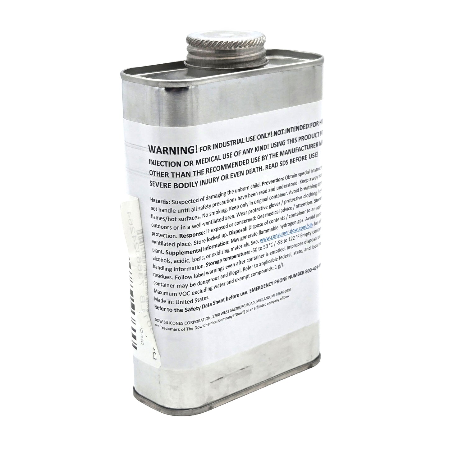 Dow XIAMETER OFX-0230 Fluid 16 oz can, industrial release agent and lubricant with extended warning text, barcode, and made in USA label, side angle view