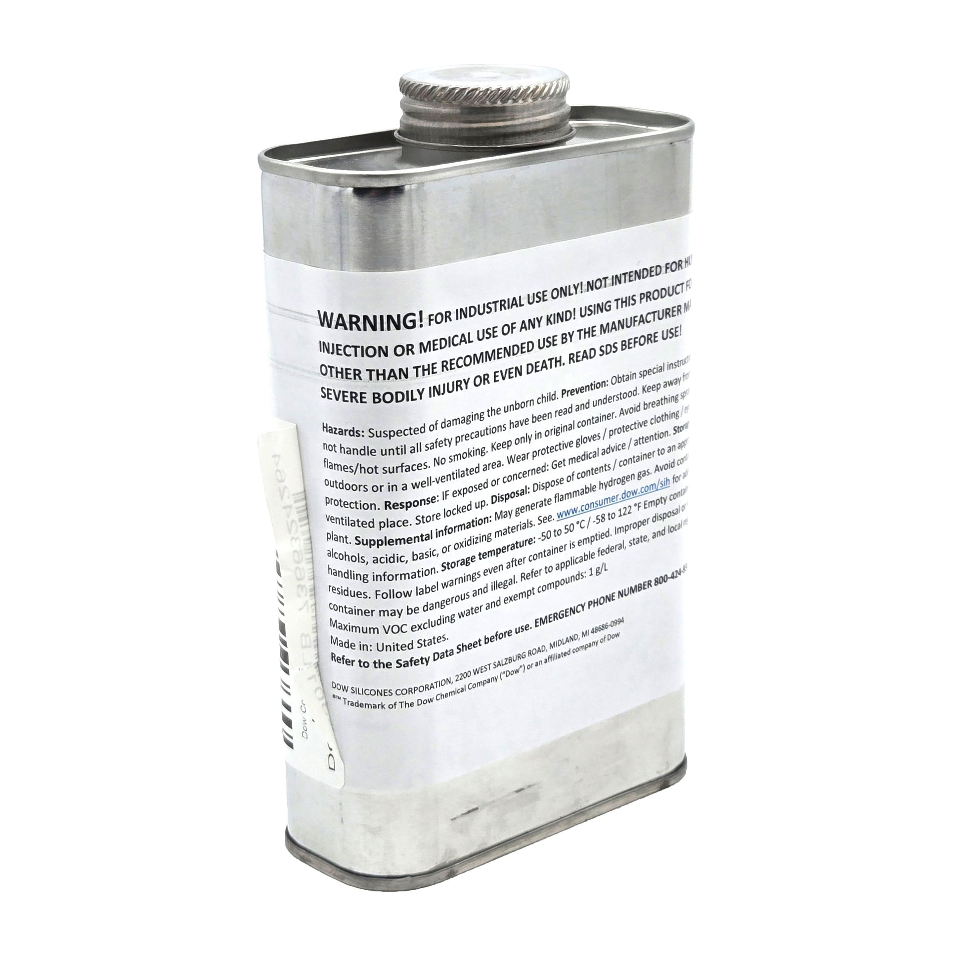 Dow XIAMETER OFX-0230 Fluid 16 oz can, industrial release agent and lubricant with extended warning text, barcode, and made in USA label, side angle view