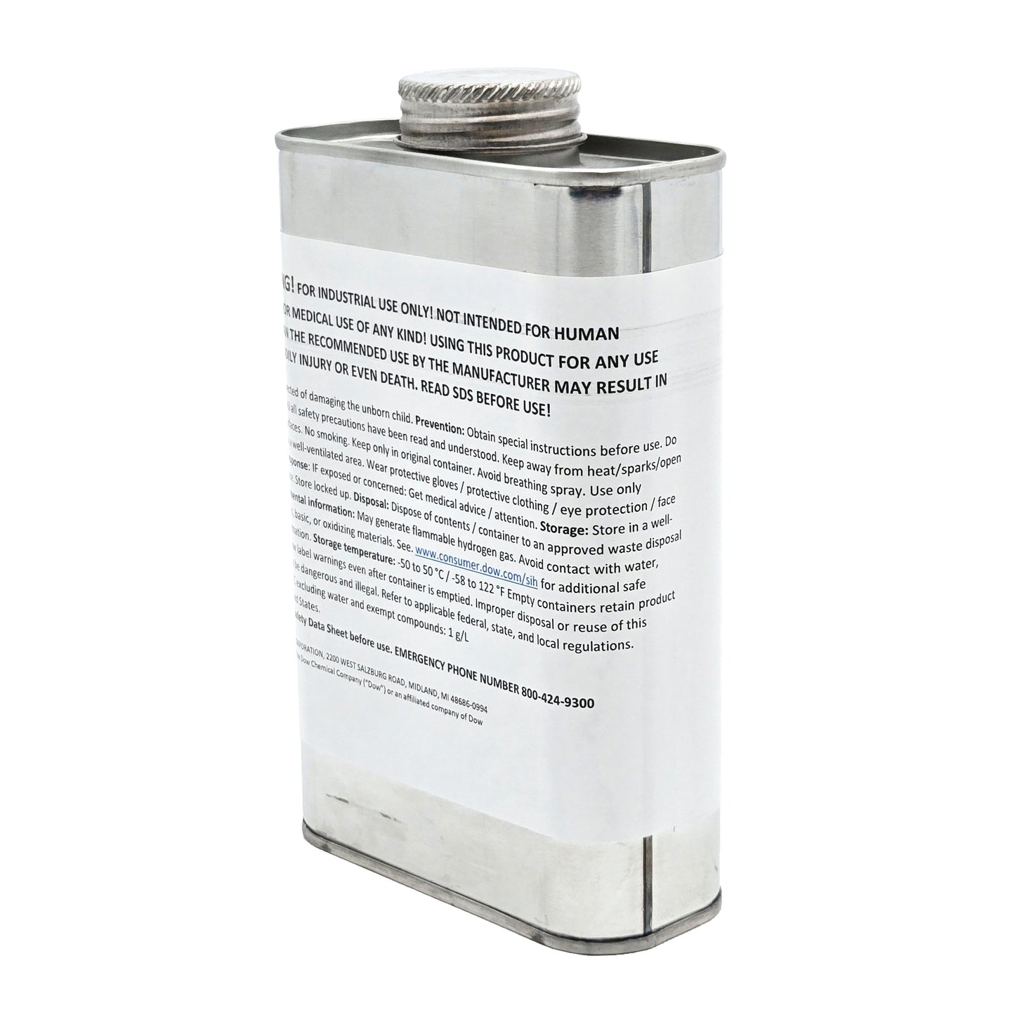 XIAMETER OFX-0230 Fluid can, Dow release agent and lubricant for industrial use only, safety handling and disposal instructions, hazard label visible