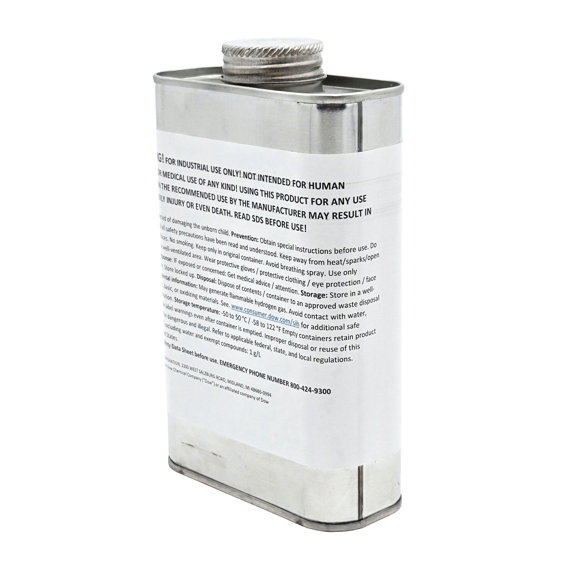 XIAMETER OFX-0230 Fluid can, Dow release agent and lubricant for industrial use only, safety handling and disposal instructions, hazard label visible