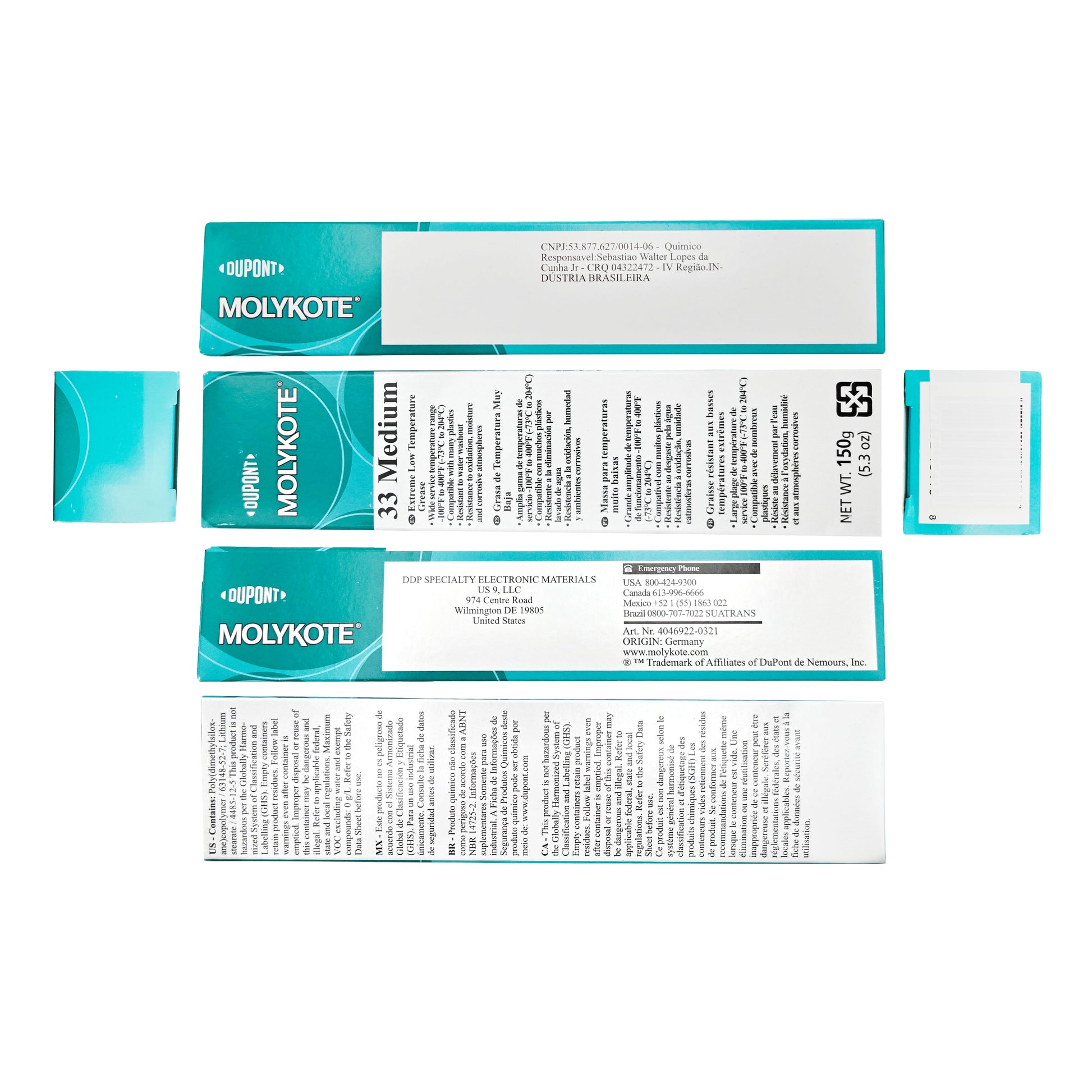 MOLYKOTE 33 Medium Extreme Low Temperature Grease – Front view, Back View with Usage and Safety Instructions, Left Side Panel with Specifications, Right Panel Showing Product and Handling Details, and side openings