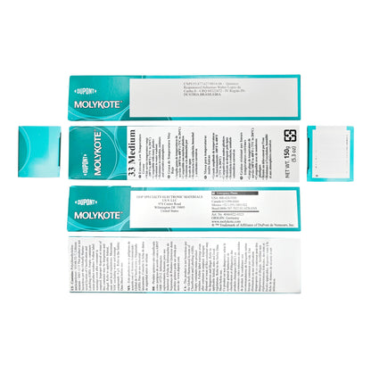 MOLYKOTE 33 Medium Extreme Low Temperature Grease – Front view, Back View with Usage and Safety Instructions, Left Side Panel with Specifications, Right Panel Showing Product and Handling Details, and side openings