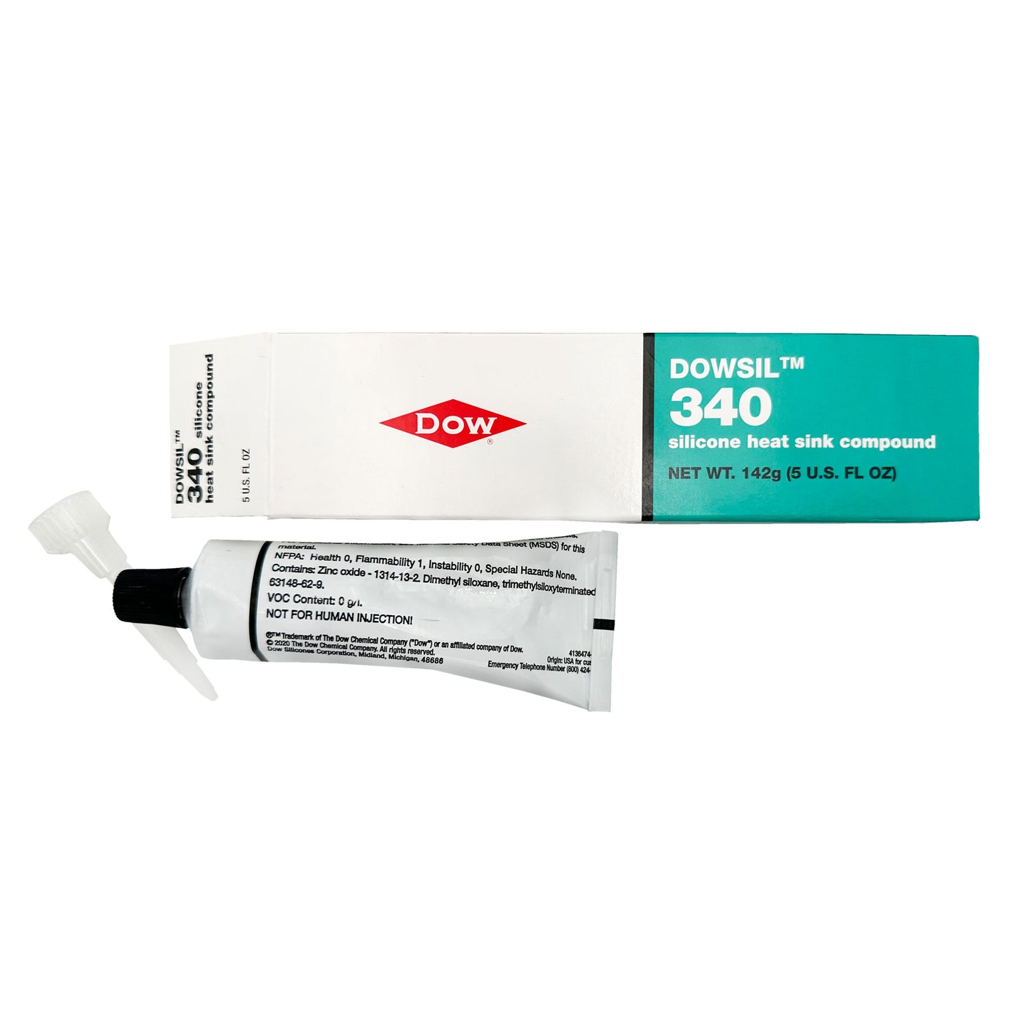 DOWSIL™ 340 Heat Sink Compound, 5.3oz tube with nozzle, back view, out of box.