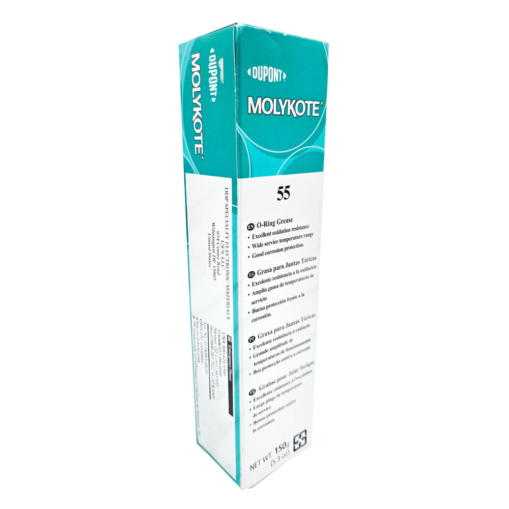 MOLYKOTE® 55 O-Ring Grease, 5.3oz tube outside of box, silicone-based lubricant for seals and O-rings | front and right side of the box