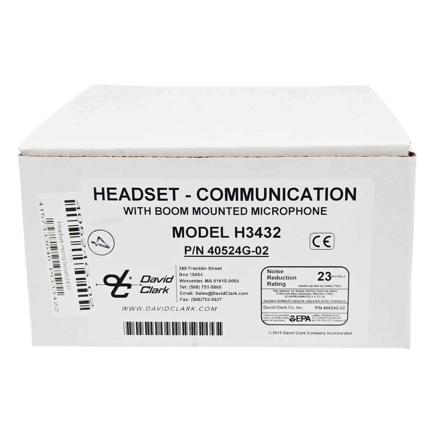 David Clark H3432 dual-ear ground support headset product box showing model number, part number 40524G-02R, and NRR 23 dB rating