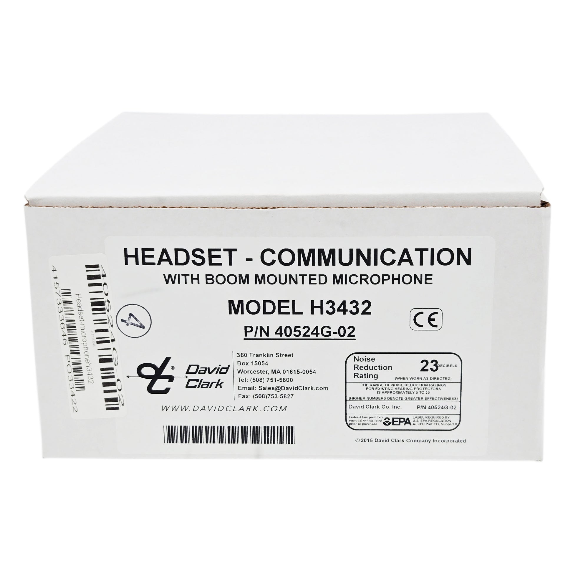 David Clark H3432 dual-ear ground support headset product box showing model number, part number 40524G-02R, and NRR 23 dB rating