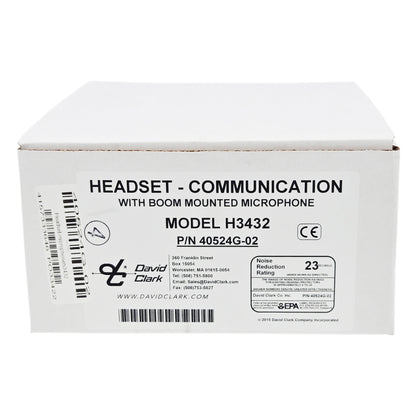 David Clark H3432 dual-ear ground support headset product box showing model number, part number 40524G-02R, and NRR 23 dB rating