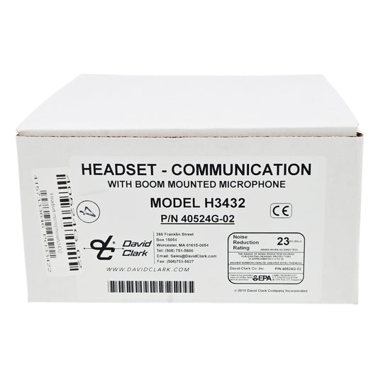 David Clark H3432 dual-ear ground support headset product box showing model number, part number 40524G-02R, and NRR 23 dB rating