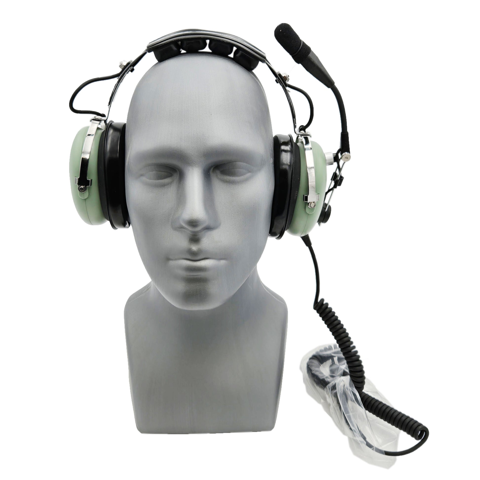 Front view of David Clark H3432 dual-ear ground support headset with padded headband, green ear cups, and boom microphone flipped up.
