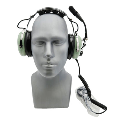 Front view of David Clark H3432 dual-ear ground support headset with padded headband, green ear cups, and boom microphone flipped up.