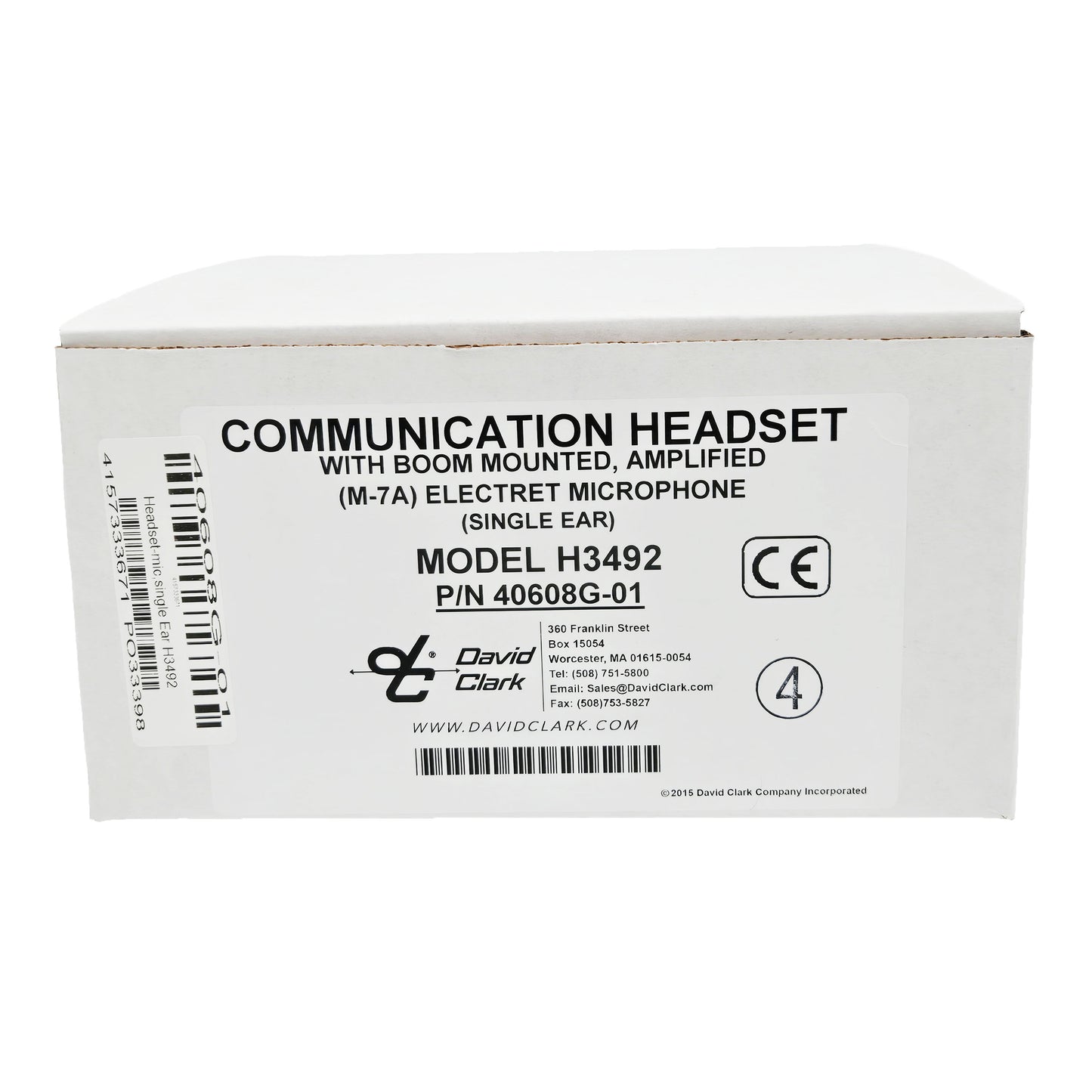 David Clark H3492 single-ear ground support headset product box showing model H3492, part number 40608G-01, and amplified M-7A electret microphone