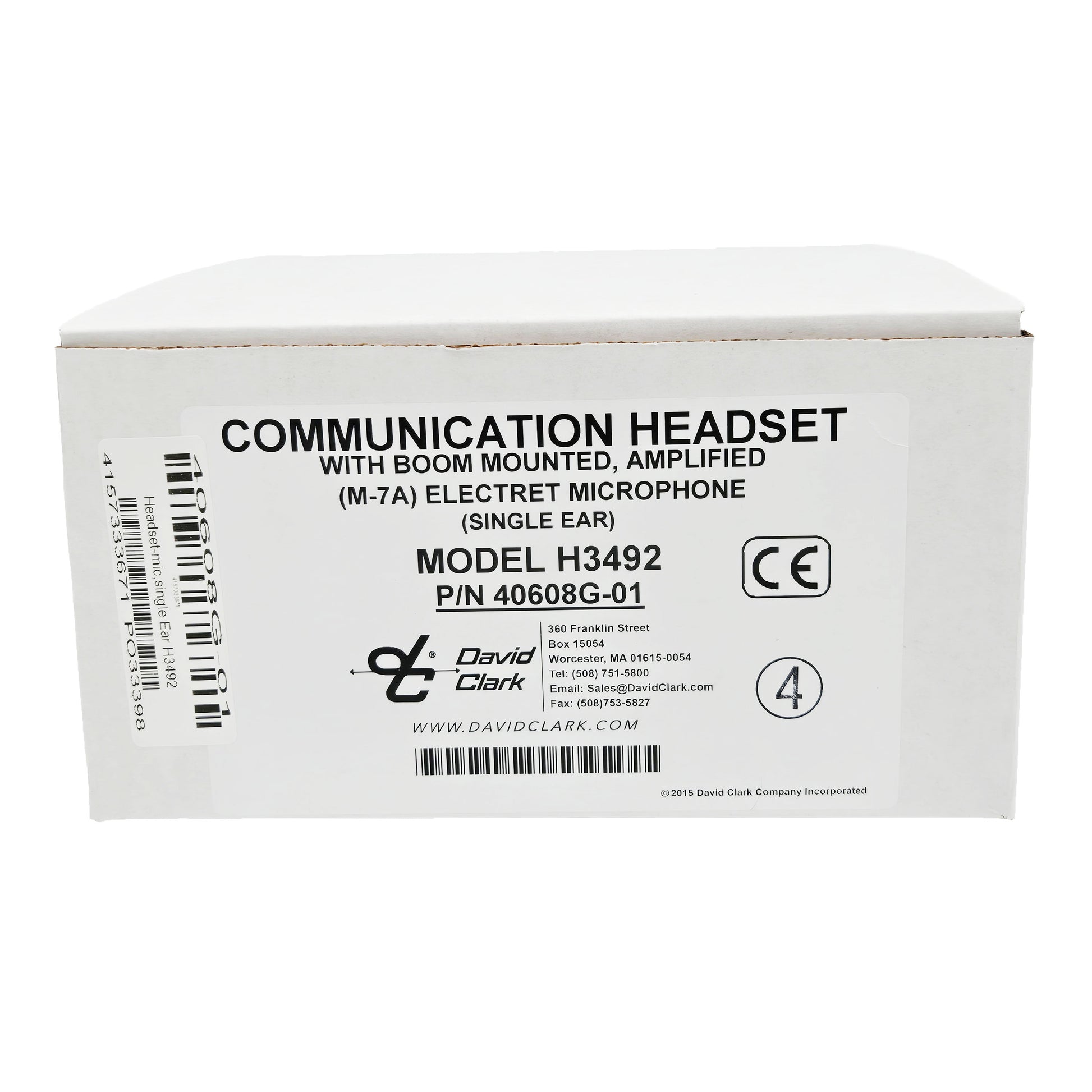 David Clark H3492 single-ear ground support headset product box showing model H3492, part number 40608G-01, and amplified M-7A electret microphone