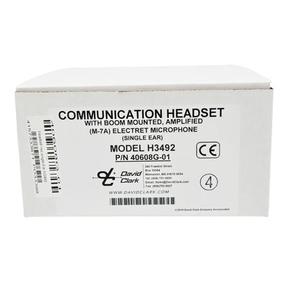 David Clark H3492 single-ear ground support headset product box showing model H3492, part number 40608G-01, and amplified M-7A electret microphone