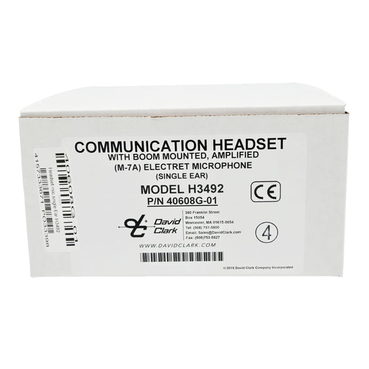 David Clark H3492 single-ear ground support headset product box showing model H3492, part number 40608G-01, and amplified M-7A electret microphone