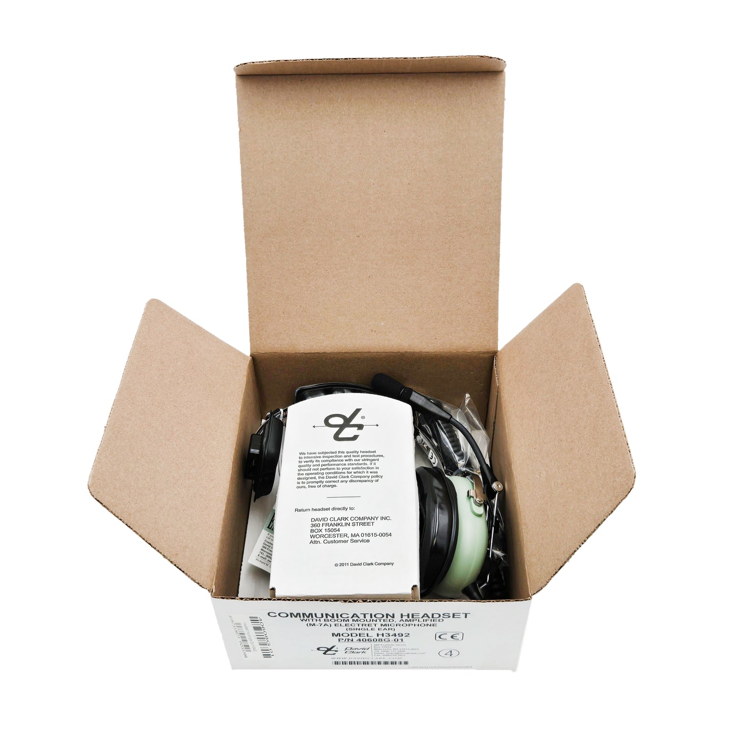 Open box view of David Clark H3492 single-ear headset with headset and official David Clark documentation