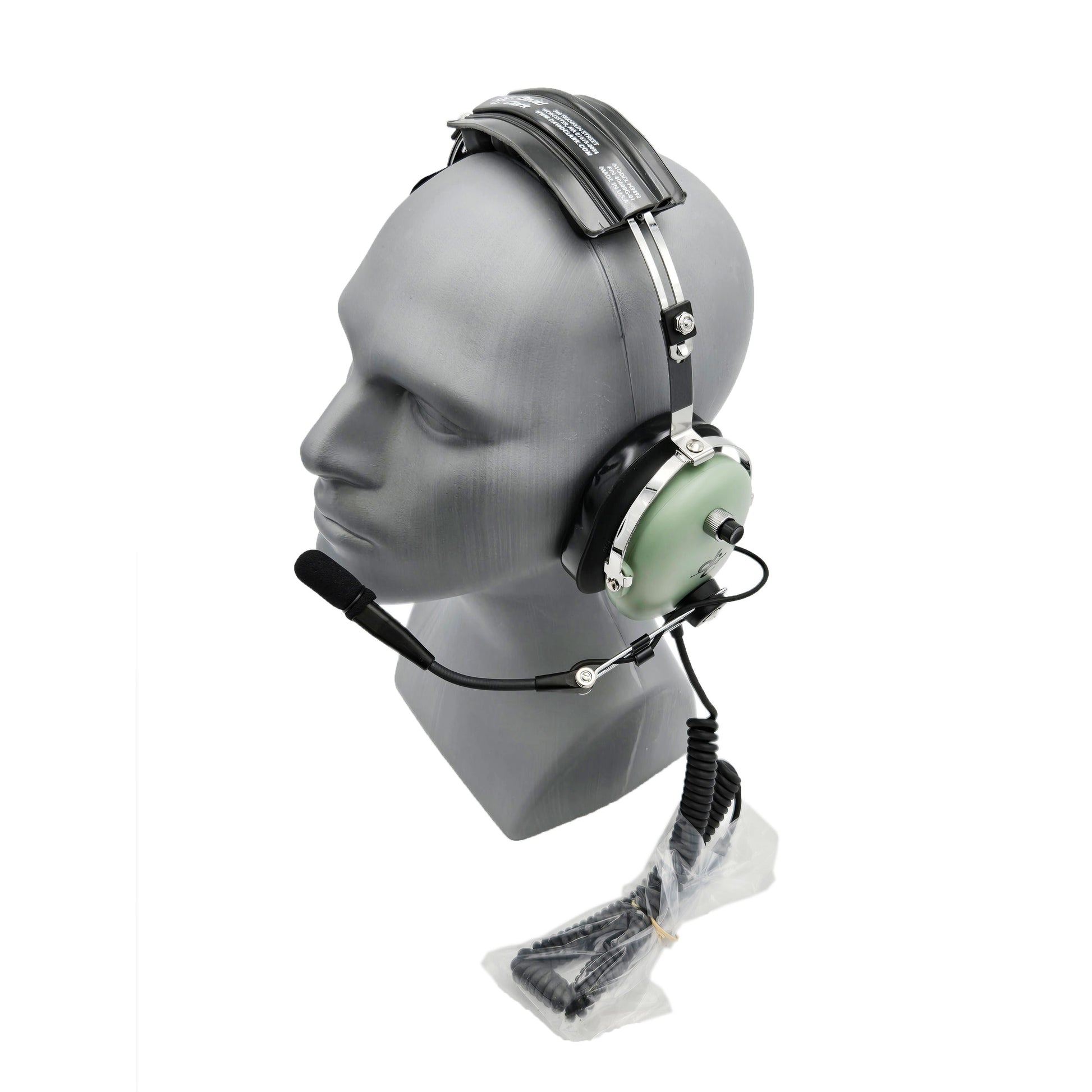 Angled view of David Clark H3492 headset with M-7A amplified electret boom microphone positioned toward mouth