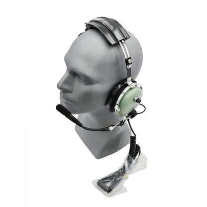 Angled view of David Clark H3492 headset with M-7A amplified electret boom microphone positioned toward mouth