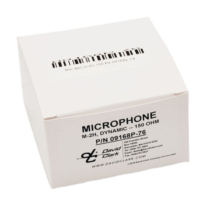 David Clark M-2H dynamic microphone product box showing 150-ohm specification, part numbers 09168P-74 and 09168P-76, and barcode.