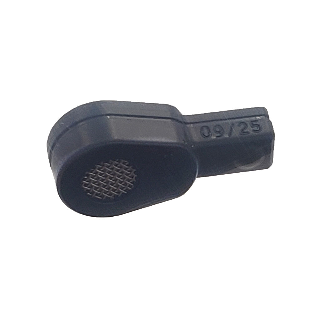 Angled side view of David Clark M-2H dynamic microphone showing molded housing and embossed date code.