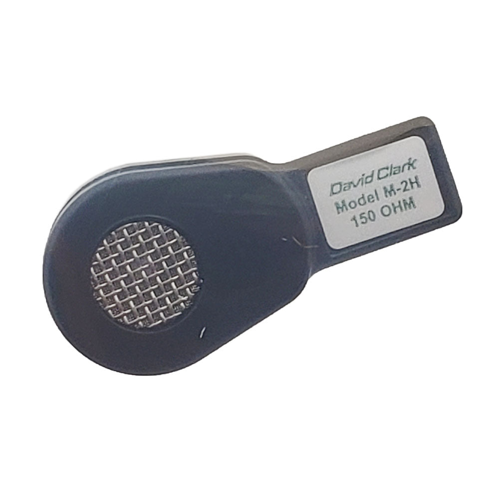 Front view of David Clark M-2H dynamic microphone element showing teardrop housing, metal mesh grille, and 150-ohm impedance label.”