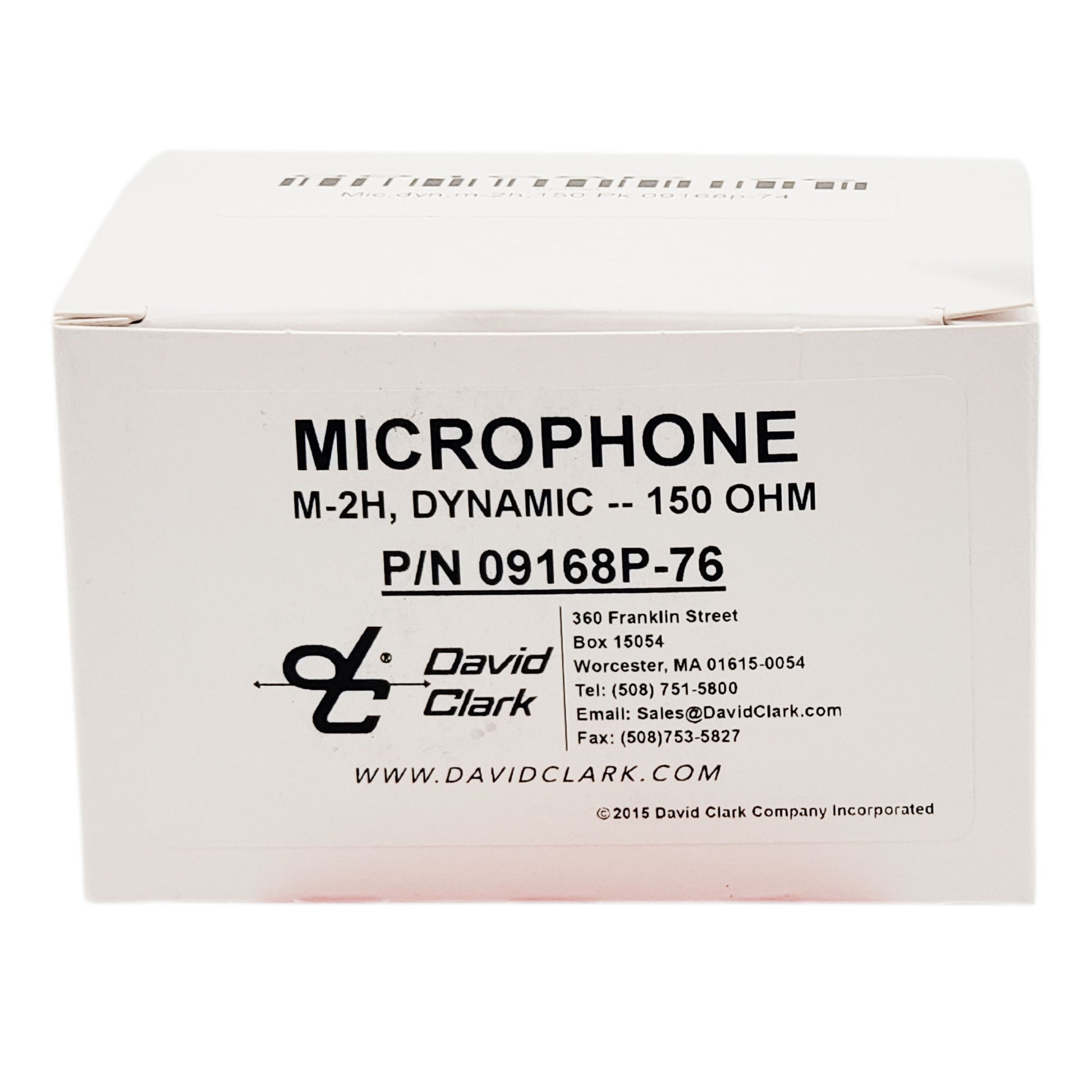 Close-up of David Clark microphone box label showing manufacturer contact information, part number, and product description.