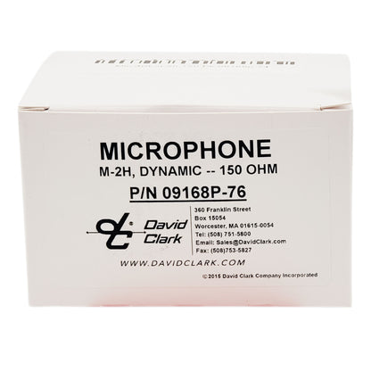 Close-up of David Clark microphone box label showing manufacturer contact information, part number, and product description.