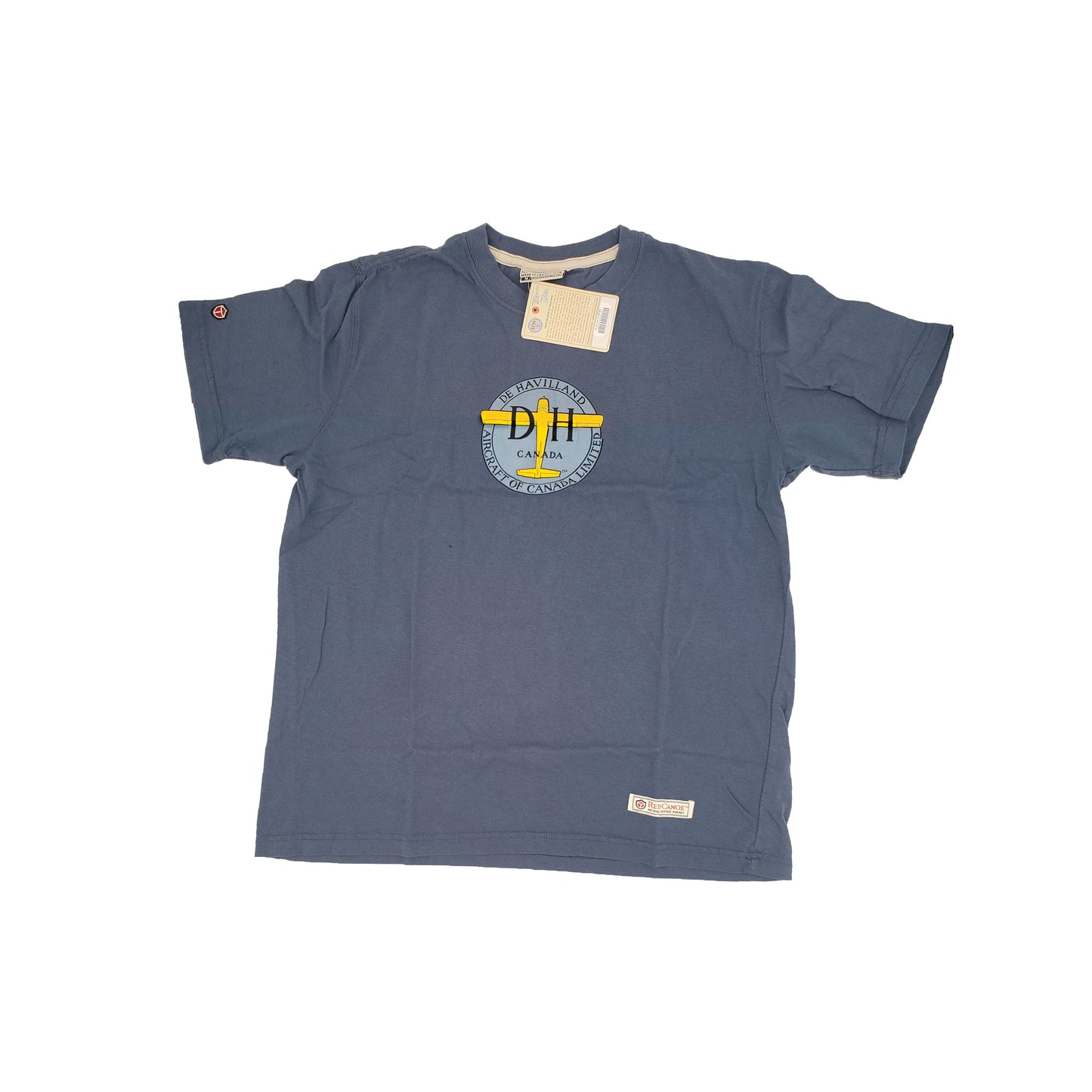 Front view of Red Canoe De Havilland t-shirt in washed blue showing vintage De Havilland Aircraft of Canada graphic and aircraft names