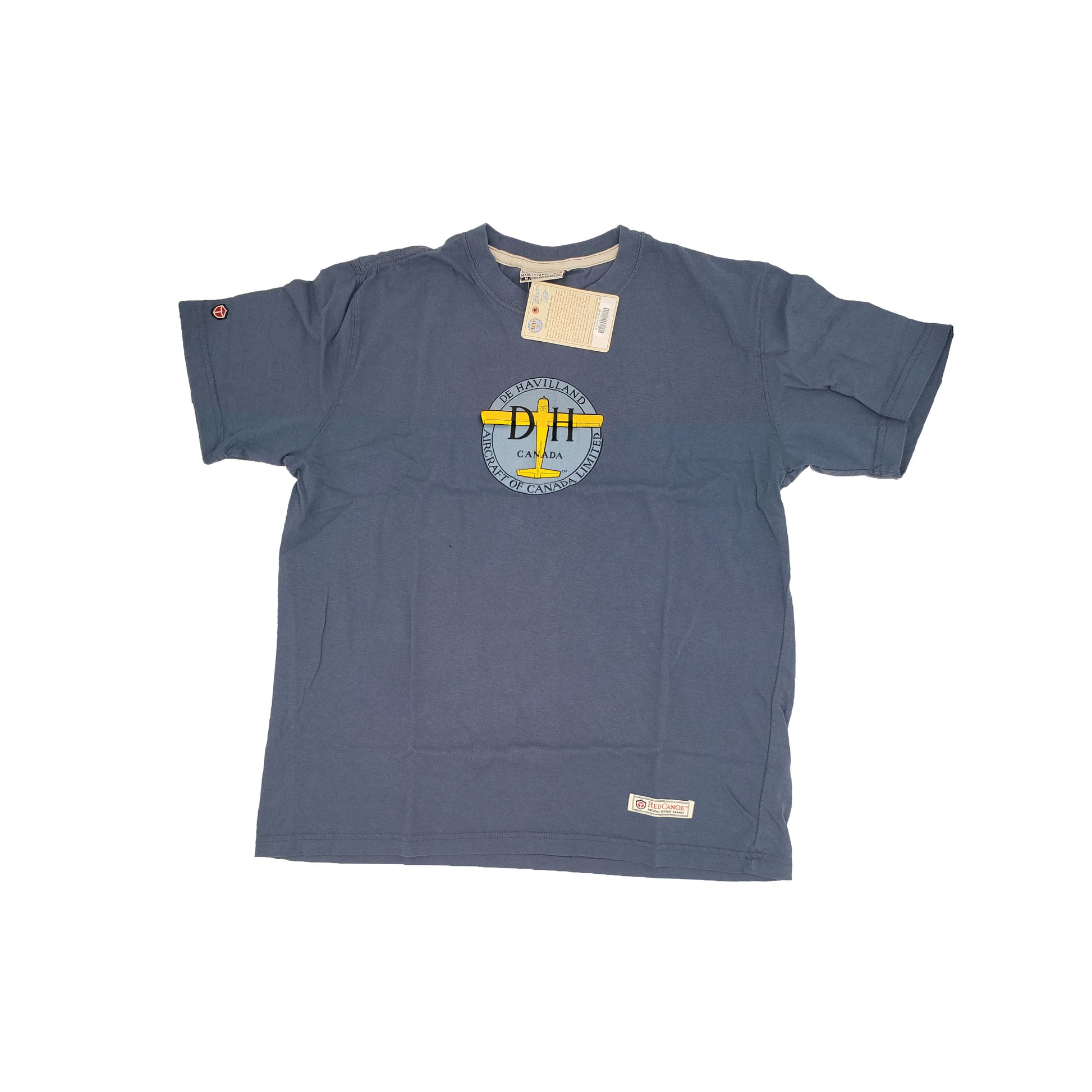 Front view of Red Canoe De Havilland t-shirt in washed blue showing vintage De Havilland Aircraft of Canada graphic and aircraft names