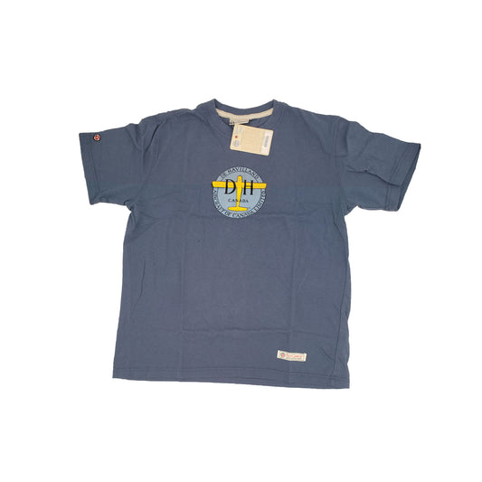 Front view of Red Canoe De Havilland t-shirt in washed blue showing vintage De Havilland Aircraft of Canada graphic and aircraft names