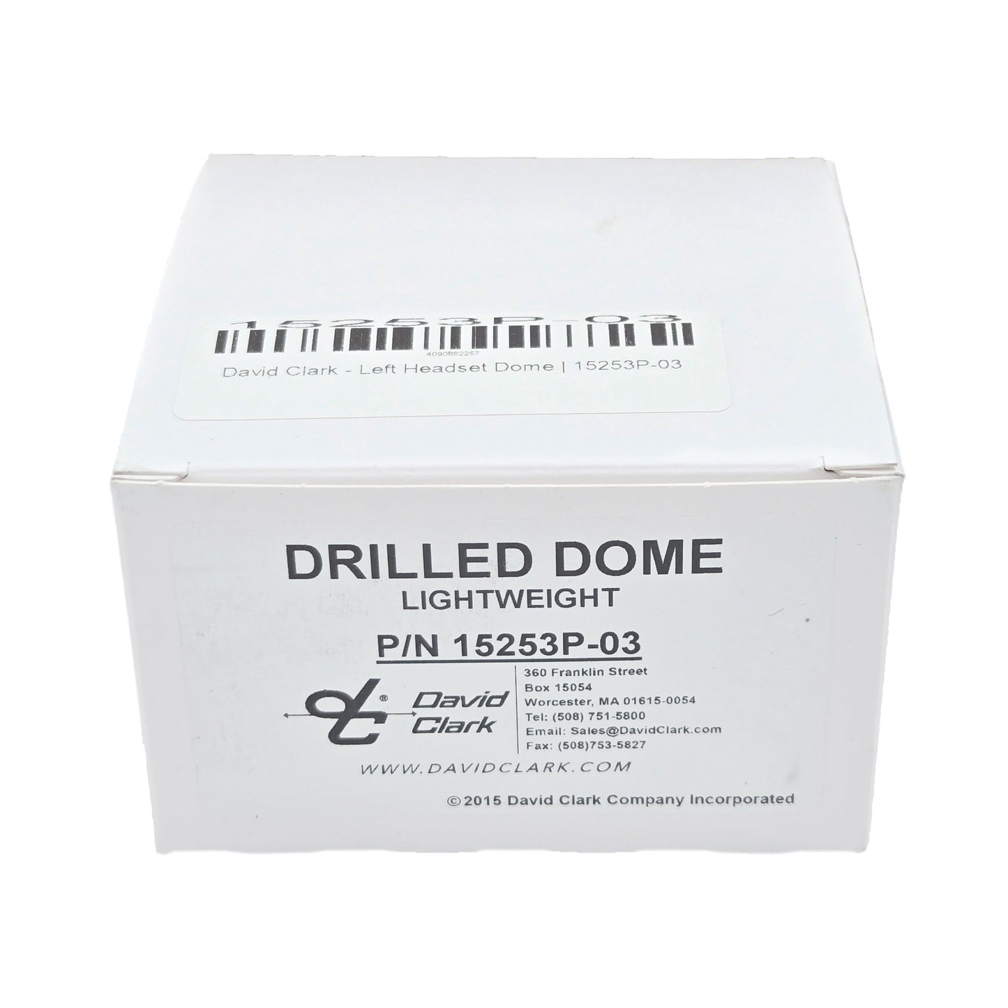 David Clark left drilled headset dome replacement part 15253P-03 product box labeled lightweight drilled dome