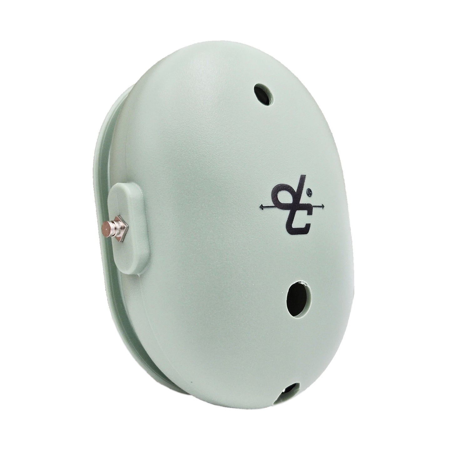 Angled view of David Clark left drilled headset dome 15253P-03 showing sage-green shell, two drilled holes, logo, and mounting hardware.