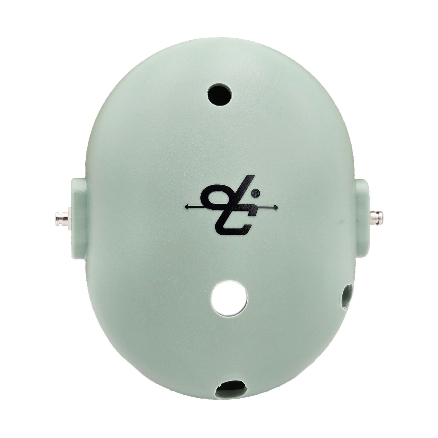 Front view of David Clark left drilled headset dome with centered logo, dual drilled holes, and side mounting studs.