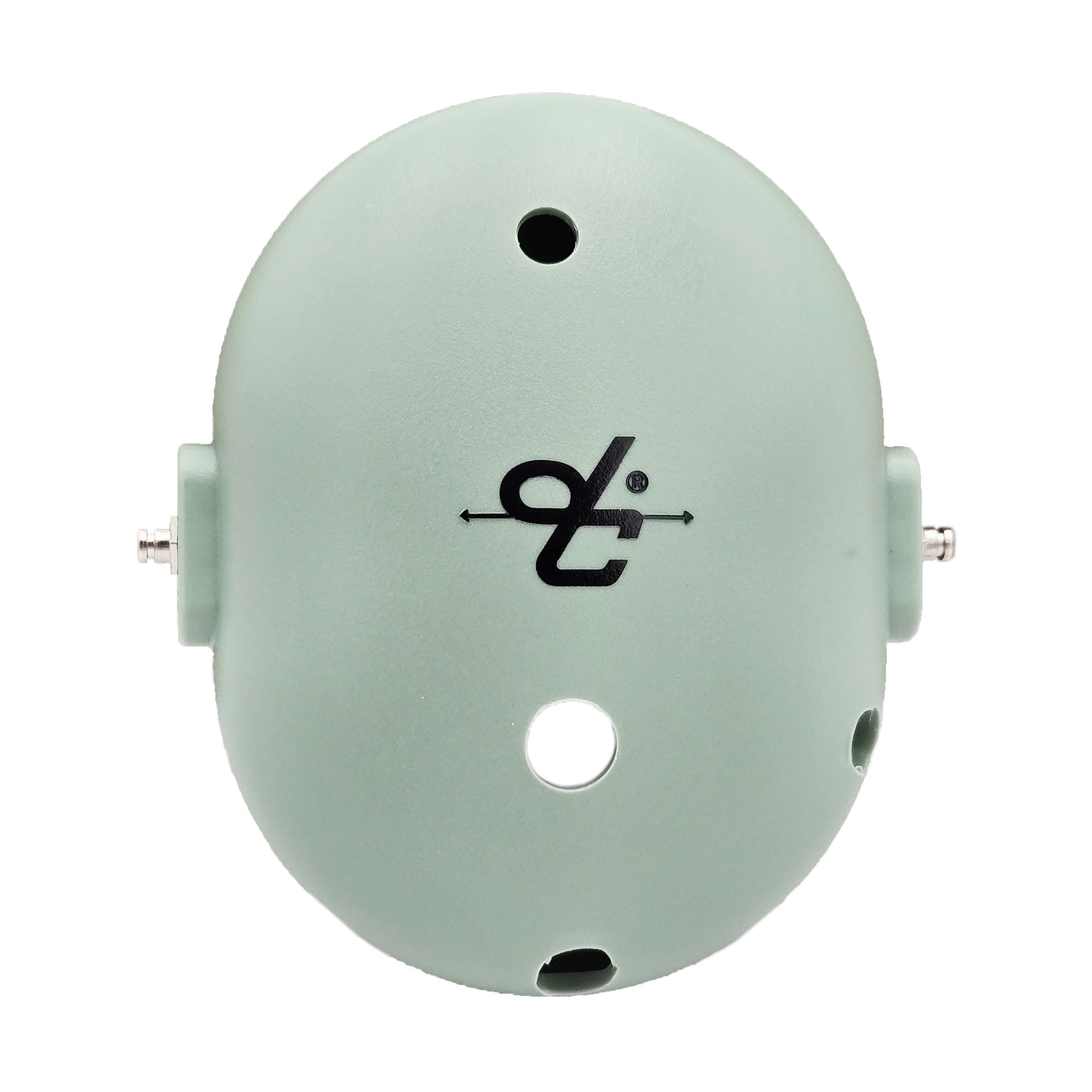 Front view of David Clark left drilled headset dome with centered logo, dual drilled holes, and side mounting studs.