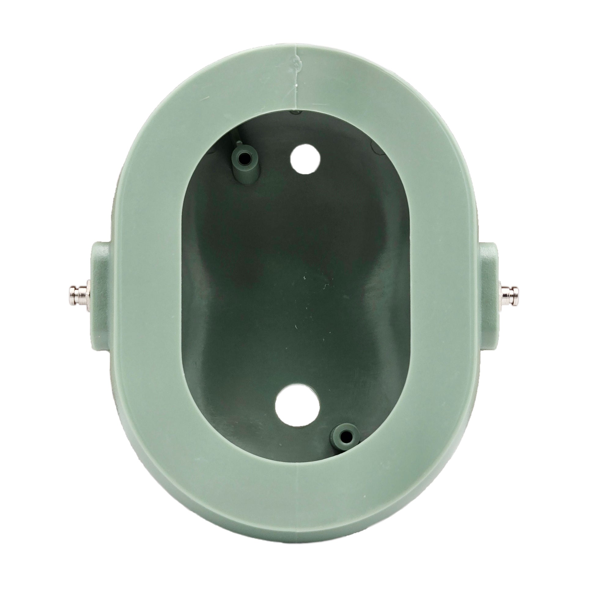 Interior view of David Clark left headset dome 15253P-03 showing internal mounting posts, drilled openings, and metal attachment points