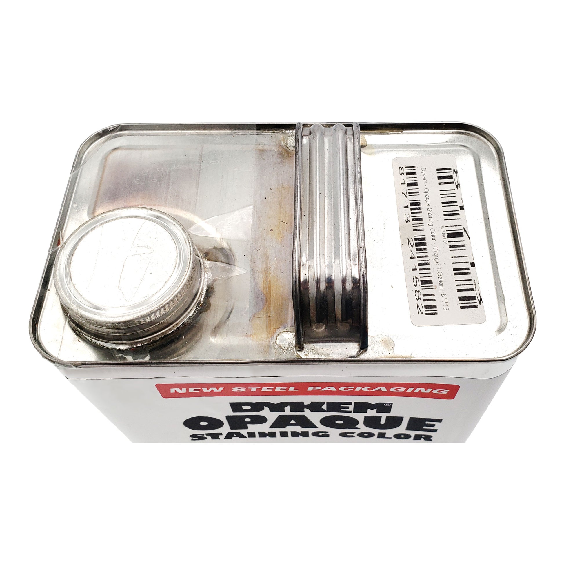 Top view of Dykem opaque staining color can showing screw cap, carry handle, and barcode sticker on lid.