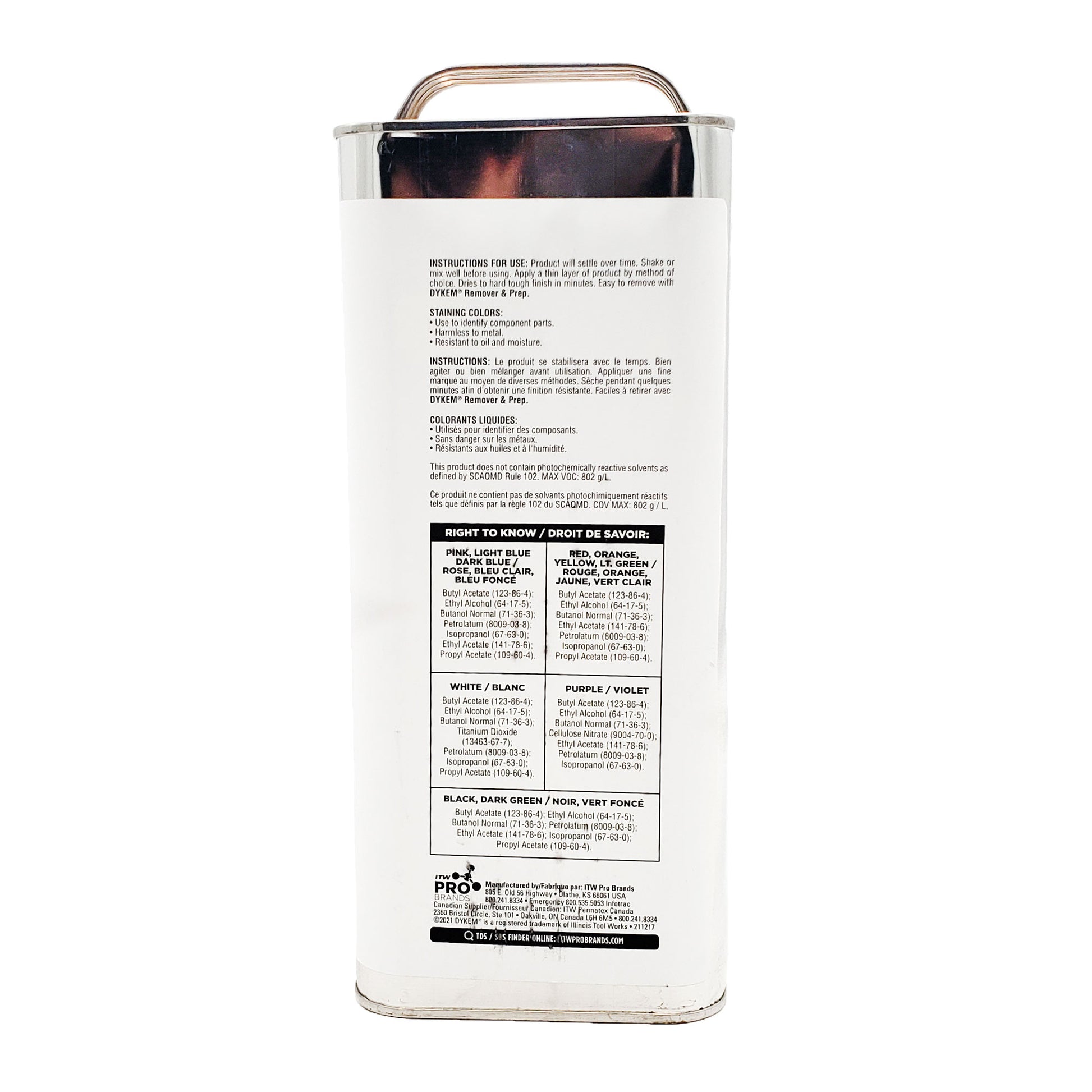 Back label of Dykem opaque staining color showing mixing instructions, chemical ingredient table, and ITW Pro Brands manufacturer information.
