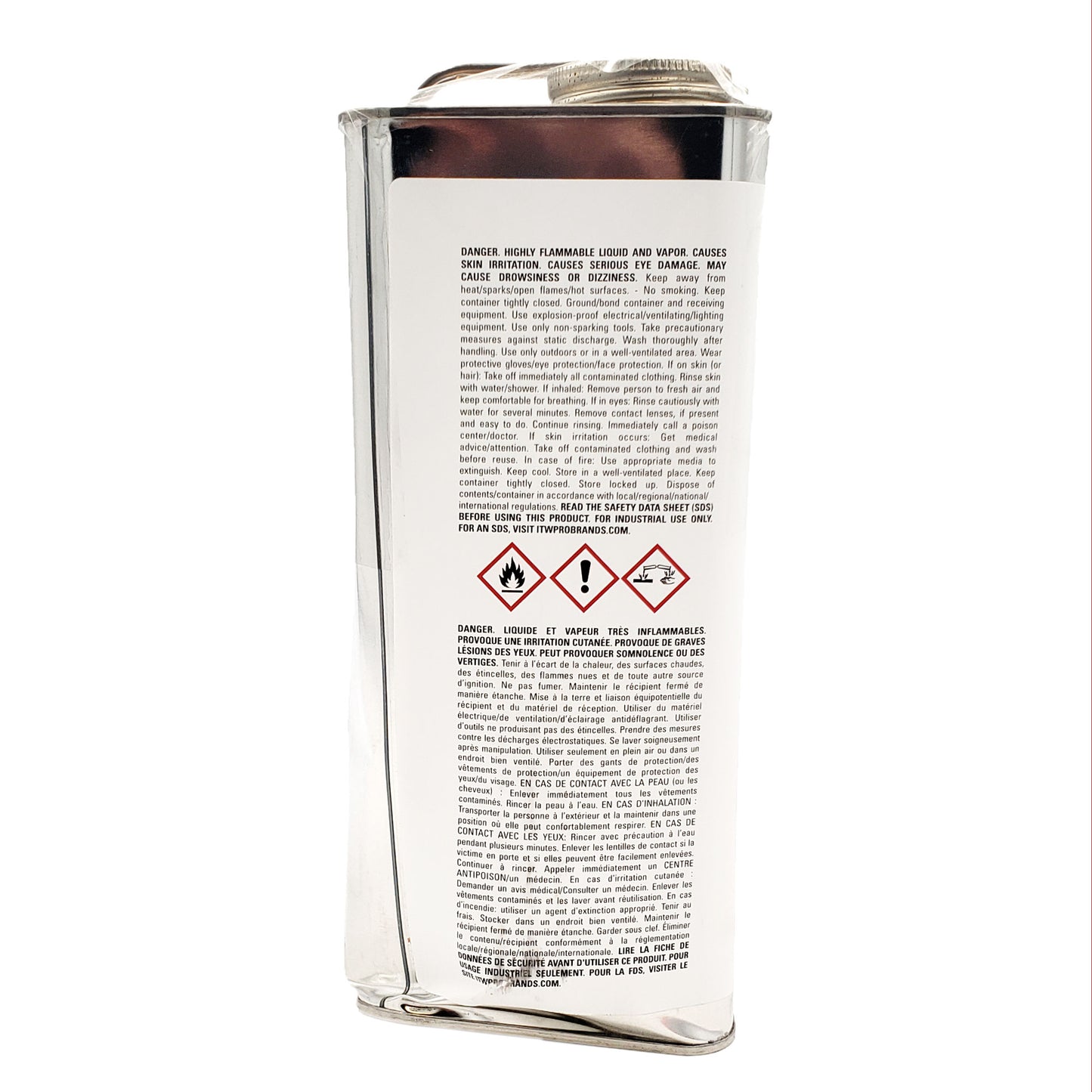 Side hazard label of Dykem opaque staining color showing highly flammable warning, serious eye damage caution, and GHS pictograms for industrial use.