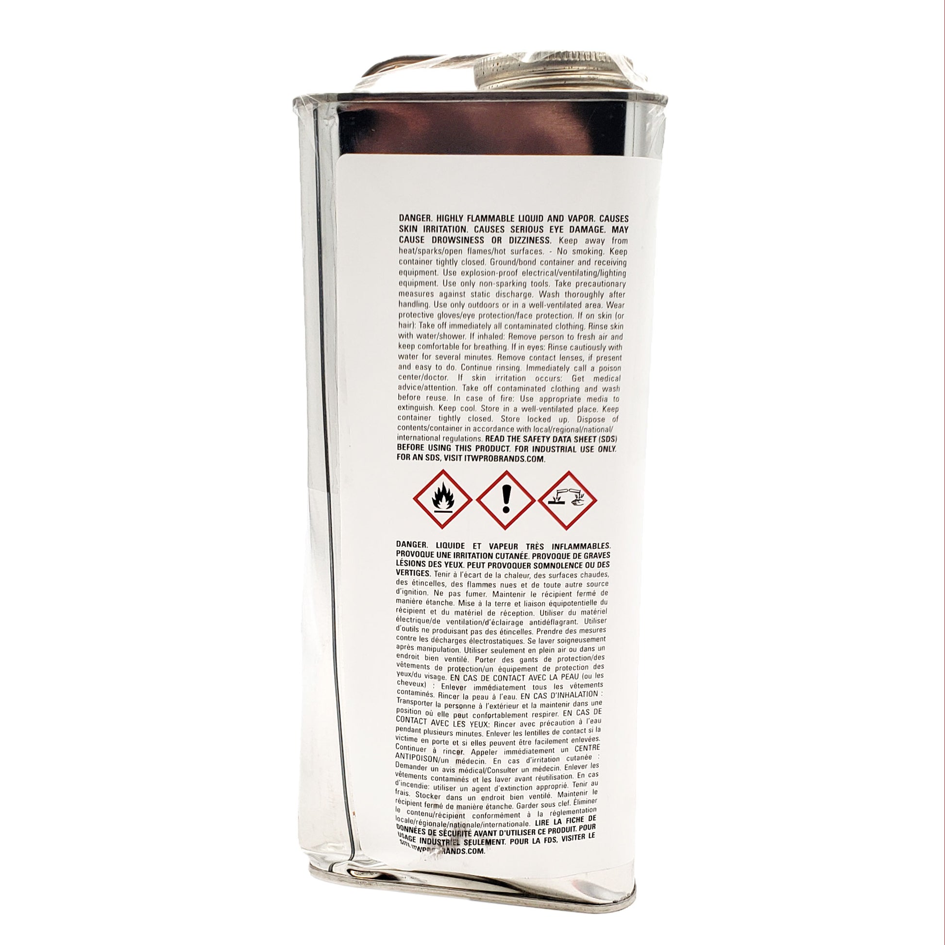 Side hazard label of Dykem opaque staining color showing highly flammable warning, serious eye damage caution, and GHS pictograms for industrial use.
