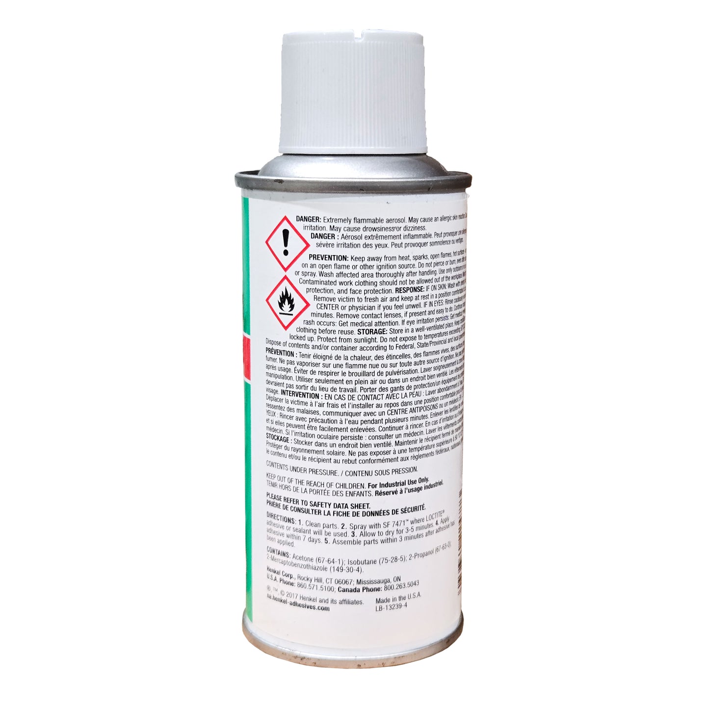 Back of Loctite SF 7471 aerosol can showing hazard warnings, directions, and manufacturer details.