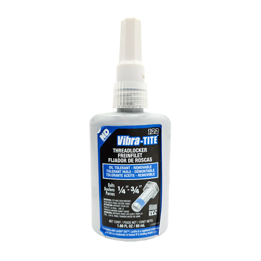 Front view of expired Vibra-Tite 122 oil-tolerant removable threadlocker 50mL bottle showing medium-strength bolt application and product details.