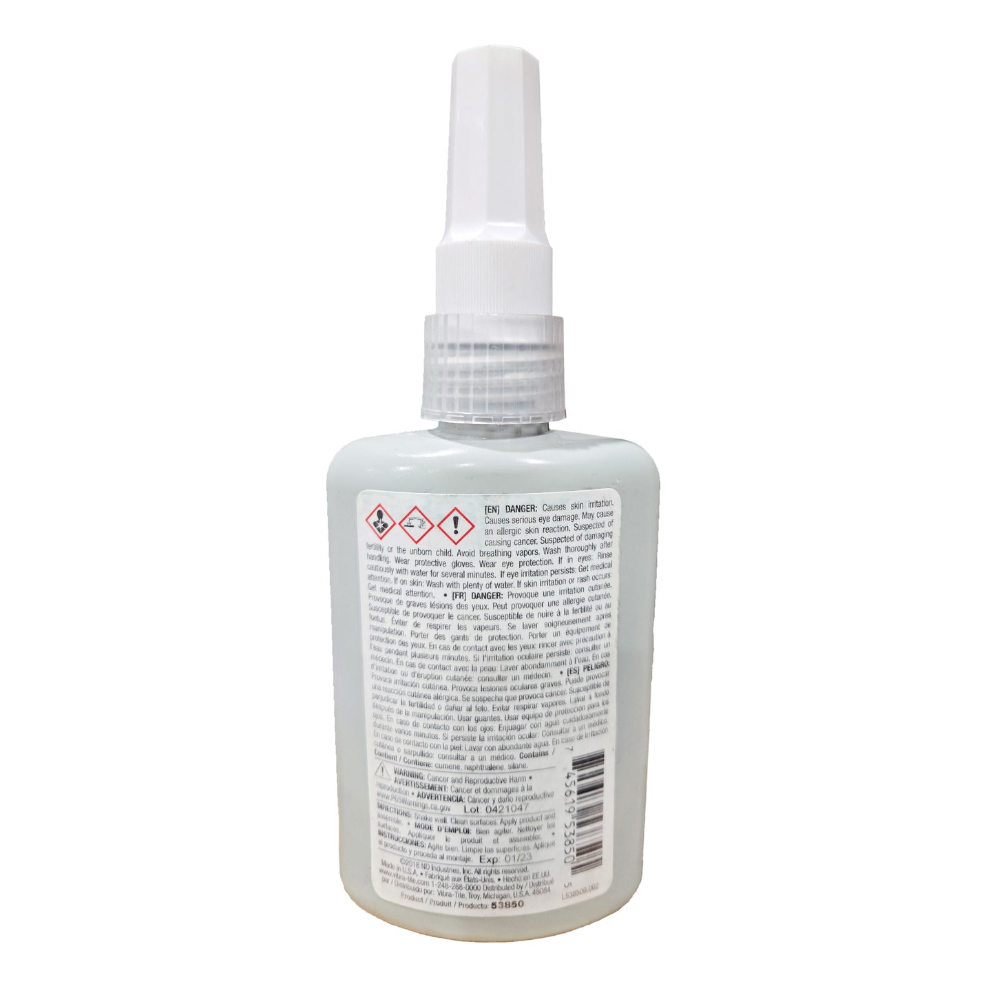 Back of Vibra-Tite 538 Retaining Compound bottle showing multilingual safety warnings and hazard icons.