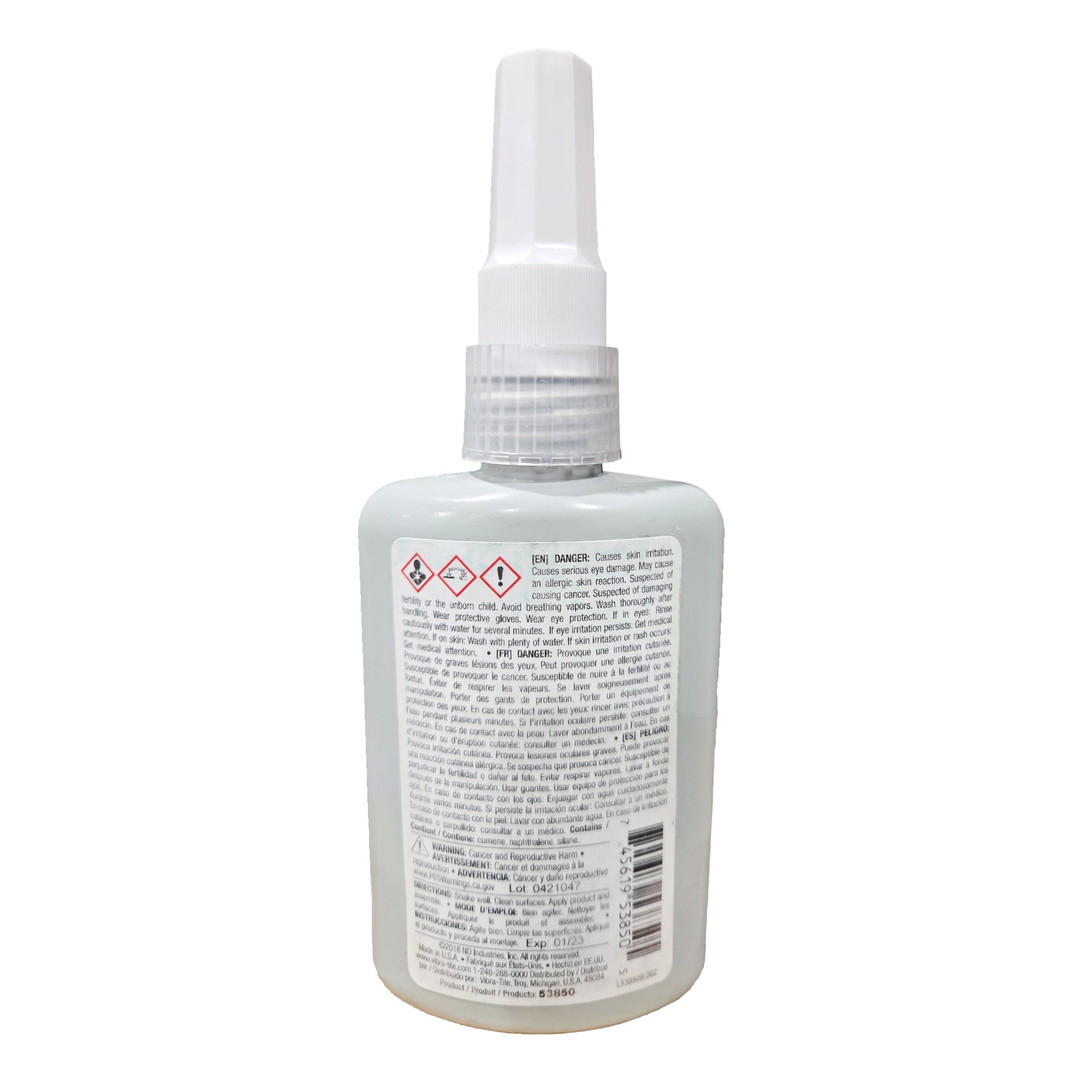 Back of Vibra-Tite 538 Retaining Compound bottle showing multilingual safety warnings and hazard icons.